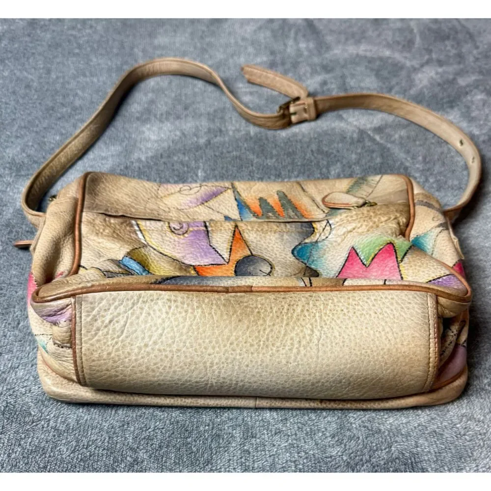 Magnifique Abstract Hand Painted Leather Crossbody Bag Beige Vintage Purse